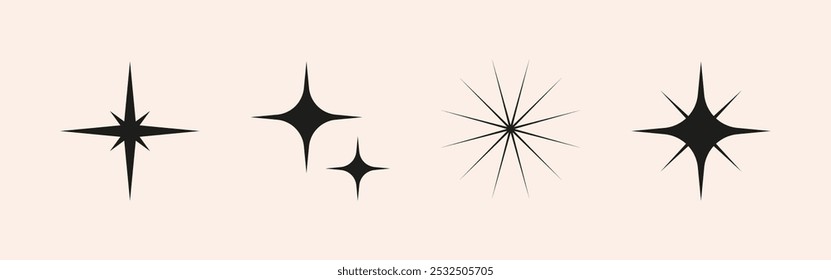 Conjunto de estrellas brillantes, destellos, Formas solares. Abstractas resplandor de Vector, explosión y efectos de parpadeo para celebrar el diseño de la fiesta. Brillo de destello y Elementos gráficos flash. Ilustraciones aisladas.