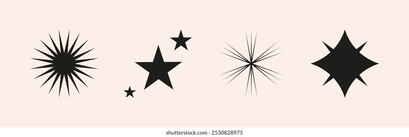 Conjunto de estrellas brillantes, destellos, forma de sol. Explosión de Vector Abstractas, brillo y efectos de parpadeo para el diseño festivo de la fiesta. Brillo de destello y Elementos gráficos flash. Ilustraciones aisladas.