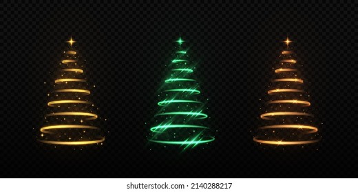 Set of shiny stylish magical spiral Christmas trees with shining star. Christmas light effect. Winter element.