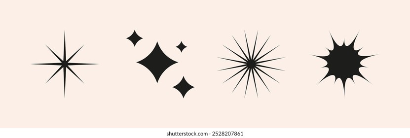 Conjunto de sol brillante, estrella, Formas brillantes. Abstractas resplandor de Vector, explosión y efectos de parpadeo para celebrar el diseño de la fiesta. Brillo de destello y Elementos gráficos flash. Ilustraciones aisladas.