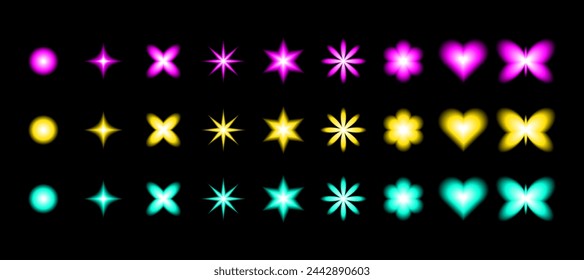 Set of shiny vector objects. Smooth blurred gradient flowers, stars and hearts set. Y2K blurry aura shapes collection. design elements y2k aesthetic decorations isolated on black background