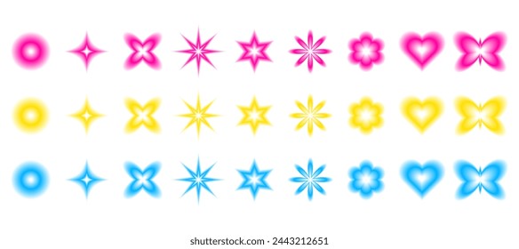 Set of shiny vector objects. Smooth blurred gradient flowers, stars and hearts set. Y2K blurry aura shapes collection design elements y2k aesthetic decorations isolated on white background