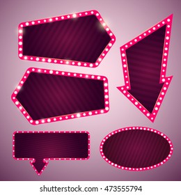 Set of shiny vintage abstract retro banners with light bulbs vector illustration. Vintage arrows. Retro style advertising signs for your design needs.