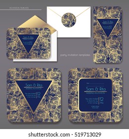 Set of shiny wedding cards. Wedding invitations, envelope, sticker. EPS 10 vector illustration with a copy space.