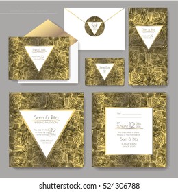 Set of shiny wedding cards. invitations, envelope, sticker. EPS 10 vector illustration with a copy space.