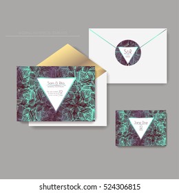 Set of shiny wedding cards. invitations, envelope, sticker. EPS 10 vector illustration with a copy space.