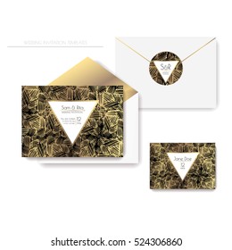 Set of shiny wedding cards. Wedding invitations, envelope, sticker. EPS 10 vector illustration with a copy space.