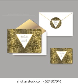 Set of shiny wedding cards. invitations, envelope, sticker. EPS 10 vector illustration with a copy space.