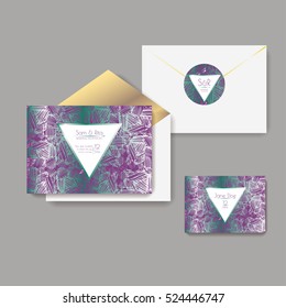 Set of shiny wedding cards. Wedding invitations, envelope, sticker. EPS 10 vector illustration with a copy space.