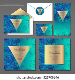 Set of shiny wedding cards. Wedding invitations, envelope, sticker. EPS 10 vector illustration with a copy space.