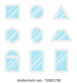 Set of shiny windows icon. Template design of architectural interior and exterior detail. Various type of plastic window - square, round, oval, trapezoidal, hexagonal, compound. Vector illustration