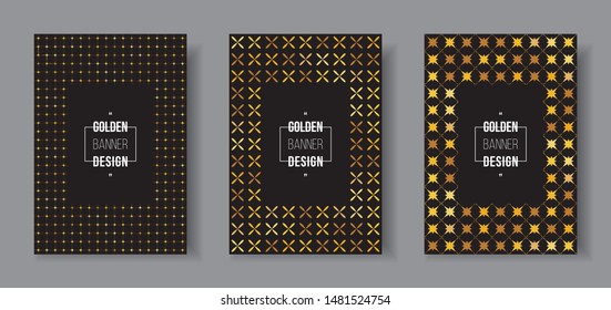 Set of shiny yellow golden pattern white logo text on black background. Orange gold glitter cover template A4 size.