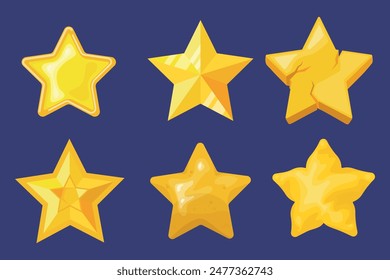 Set of shiny, yellow stars in cartoon style. Vector illustration of star symbols of different shapes, with sharp corners, soft ones isolated on a dark blue background. Star rating. Geometric shape.