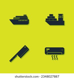 Set Ship, Air conditioner, Meat chopper and Cargo ship icon. Vector
