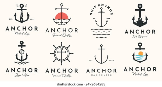 set of the ship anchor logo line art vintage vector illustration concept template icon design, collection of ship device of security with marine and sea view concept vector illustration logo design