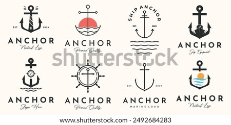 set of the ship anchor logo line art vintage vector illustration concept template icon design, collection of ship device of security with marine and sea view concept vector illustration logo design