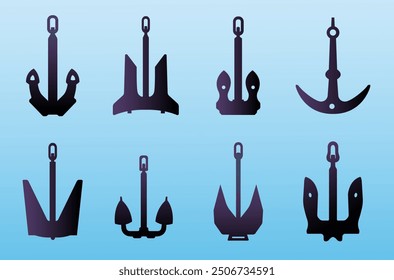 Set of ship anchors on a blue background. Vector flat illustration