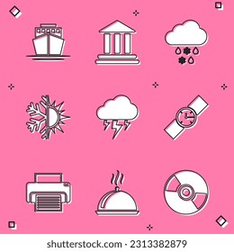 Set Ship, Bank building, Cloud with snow and rain, Sun snowflake, Storm and Wrist watch icon. Vector