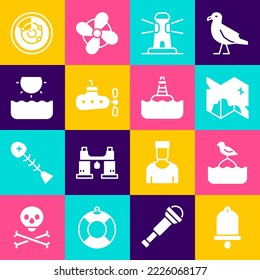 Set Ship bell, Seagull sits on a buoy, Pirate treasure map, Lighthouse, Submarine, Sun, Radar with targets and Floating icon. Vector
