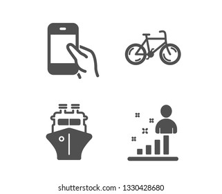 Set of Ship, Bicycle and Hold smartphone icons. Stats sign. Shipping watercraft, Bike, Phone call. Business analysis.  Classic design ship icon. Flat design. Vector