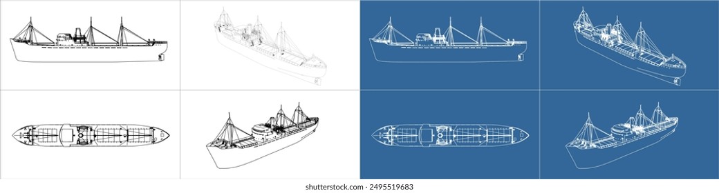 set ship blueprint and wirefreame concept line. vessels for sea travel and transportation. water transport symbol. Vector illustration template with all sides isolated on a transparent background.