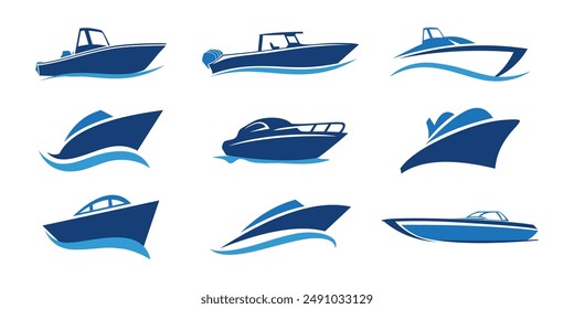 Set of ship boat icon logo cruise water sea travel transportation