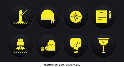 Set Ship, Feather pen and scroll, Pirate game dice, Skull, Wind rose, bandana for head, Wooden pirate leg and Lighthouse icon. Vector