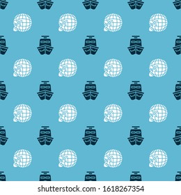 Set Ship and Globe with flying plane on seamless pattern. Vector