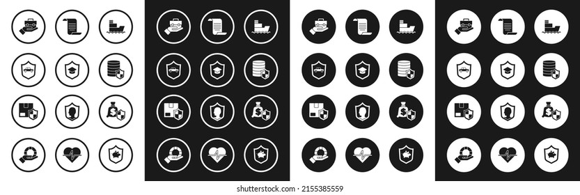 Set Ship, Graduation cap with shield, Car, Hand holding briefcase, Money, Document,  and Delivery security icon. Vector