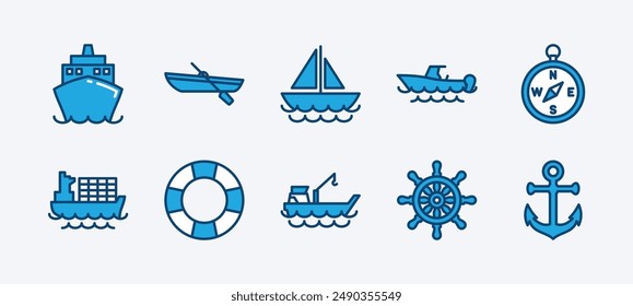 Satz von Schiffssymbolen. Versandsymbol-Kollektion. Containing Tanker, Boot, Kreuzfahrt, Yacht, Segelboot, Segel, Kompass, Anker, Rettungsboje, Schiffslenkrad, Fracht und Schwimmer. Vektorillustration