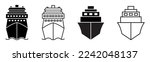 Set of ship icons. Ferry boat symbol, boat, ship front view. Cargo ship, cruise ship, marine sailboat transport, transport signs. Vector.