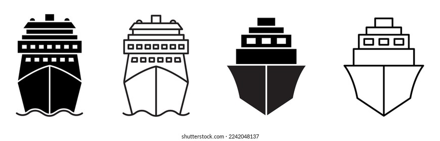 Set of ship icons. Ferry boat symbol, boat, ship front view. Cargo ship, cruise ship, marine sailboat transport, transport signs. Vector.