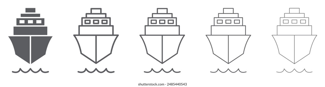 Set of ship icons. Ferry boat symbol, boat, ship front view. Cargo ship, cruise ship, marine sail boat transport, transport signs. Vector.