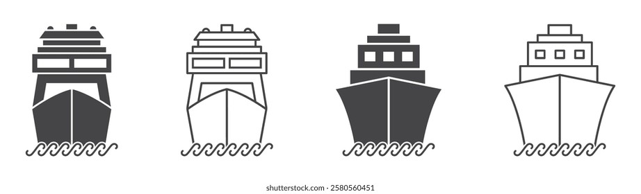 Set of ship icons. Ferry boat symbol, boat, ship front view. Cargo ship, cruise ship, marine sailboat transport, transport signs. Vector.