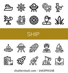 Set of ship icons such as Yatch, Rocket, Helm, Pirate ship, Ufo, Windrose, Astronomy, Pirate, Medieval, Delivery, Ship in a bottle, Captain, Oil well, Boat ,