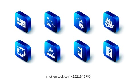 Establecer ruta de la línea de barco, campana, crucero, pasaporte, folleto, boya salvavidas e icono de viaje postal. Vector