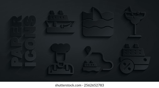 Set Ship line path, Cocktail, Cook, Cruise ship, Shark fin ocean wave and  icon. Vector