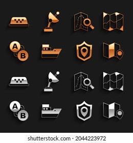 Set Ship line path, Folded map, with location marker, Location shield, Route, Search, Taxi car roof and Radar icon. Vector