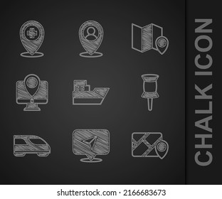 Set Ship line path, Infographic of city map navigation, Push pin, High-speed train, Monitor with location marker, Folded and Location cross hospital icon. Vector