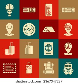 Set Ship, Map pointer with Eiffel tower, Coliseum Rome, Italy, Smartphone electronic boarding pass airline ticket, Compass, pin, Hot balloon and Tourist tent icon. Vector