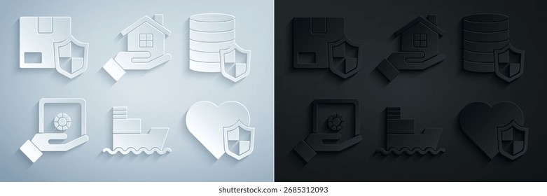 Set Ship, Money with shield, Safe in hand, Seguro de vida, Casa e ícone de segurança de entrega. Vetor