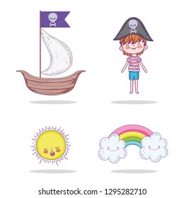 set ship with pirate boy and sun with rainbow