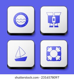 Set Ship porthole, Binoculars, Yacht sailboat and Lifebuoy icon. White square button. Vector