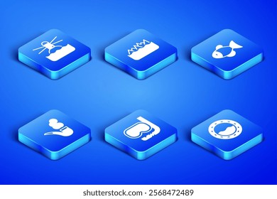 Set Ship porthole, Lighthouse, Diving mask and snorkel, Smoking pipe, Sharp stone reefs and Fish icon. Vector