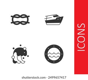 Set Ship porthole, Nautical rope knots, Tsunami and Speedboat icon. Vector