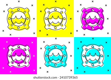 Set Ship porthole with rivets and seascape outside icon isolated on color background.  Vector