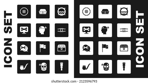 Set Ship porthole with seascape, Pirate captain, Location pirate, Compass, Rope tied knot, Sailor hat, Antique treasure chest and  icon. Vector