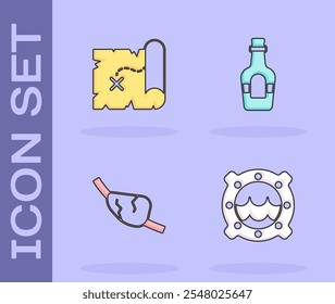 Set Ship porthole with seascape, Pirate treasure map, eye patch and Alcohol drink Rum icon. Vector