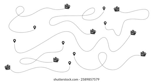 Set of ship routes in dotted line traces. Ship tracking ship route path, location pin, ship journey, map pin on white background. Vector illustration for infographics, maps, tracks	