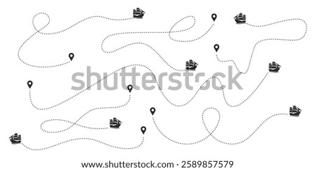 Set of ship routes in dotted line traces. Ship tracking ship route path, location pin, ship journey, map pin on white background. Vector illustration for infographics, maps, tracks	